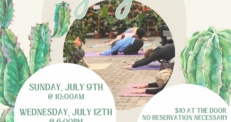 Beginner friendly Yoga in the greenhouse. Multiple dates. July 9th at 10AM, July 12th at 6PM, July 19th at 10AM and July 30th at 6PM.