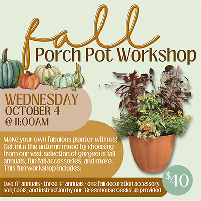 Fall porch pot workshop October fourth at 11 AM